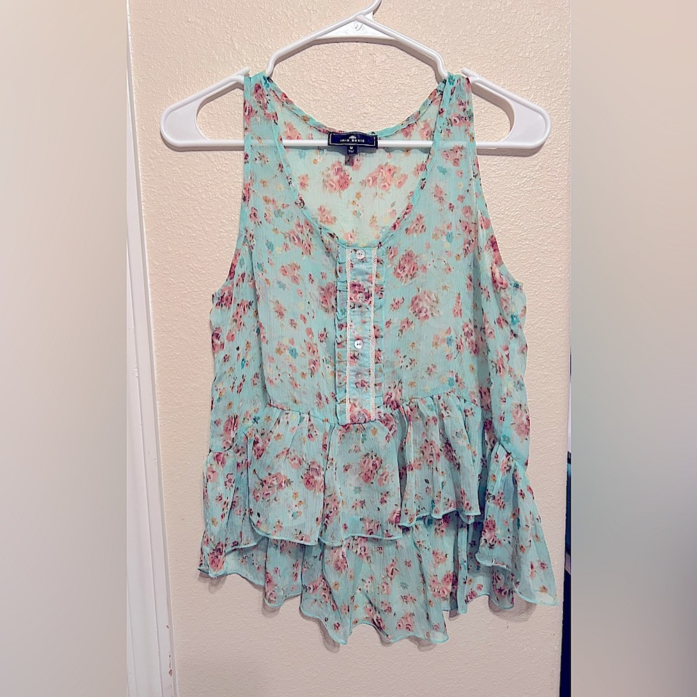 Iris Basic Mint and Pink Floral Ruffle Crop Top